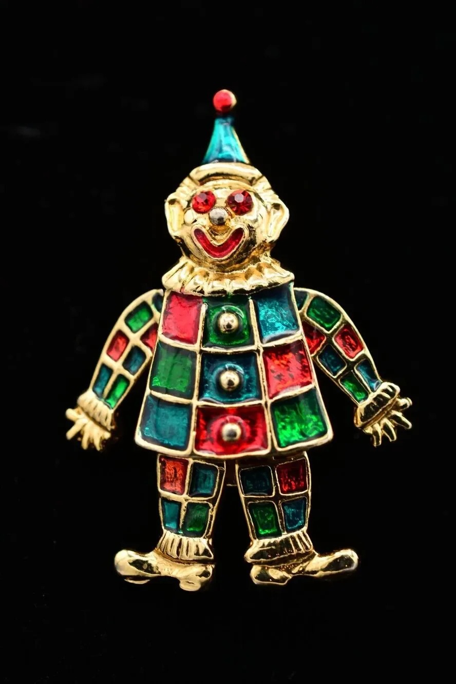 Vintage Clown Pin Brooch Red Green Enamel Dangle Arms Legs Gold Tone 1990s BinAT